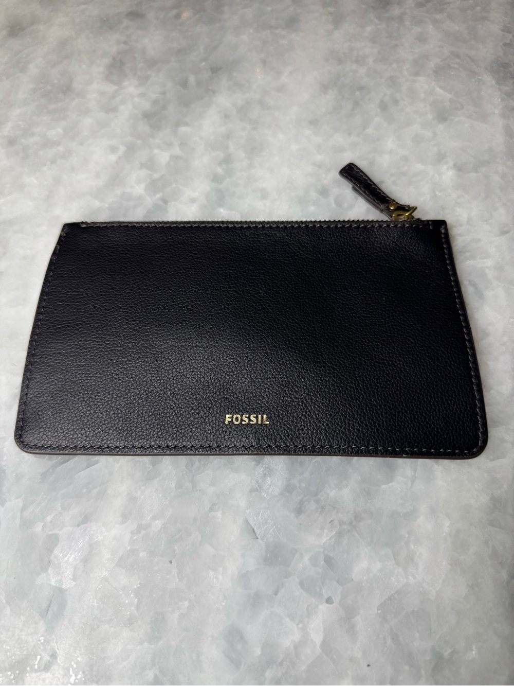 Fossil Brown Black Lainie Leather Zip Pouch Clutch Wallet with Gold Logo